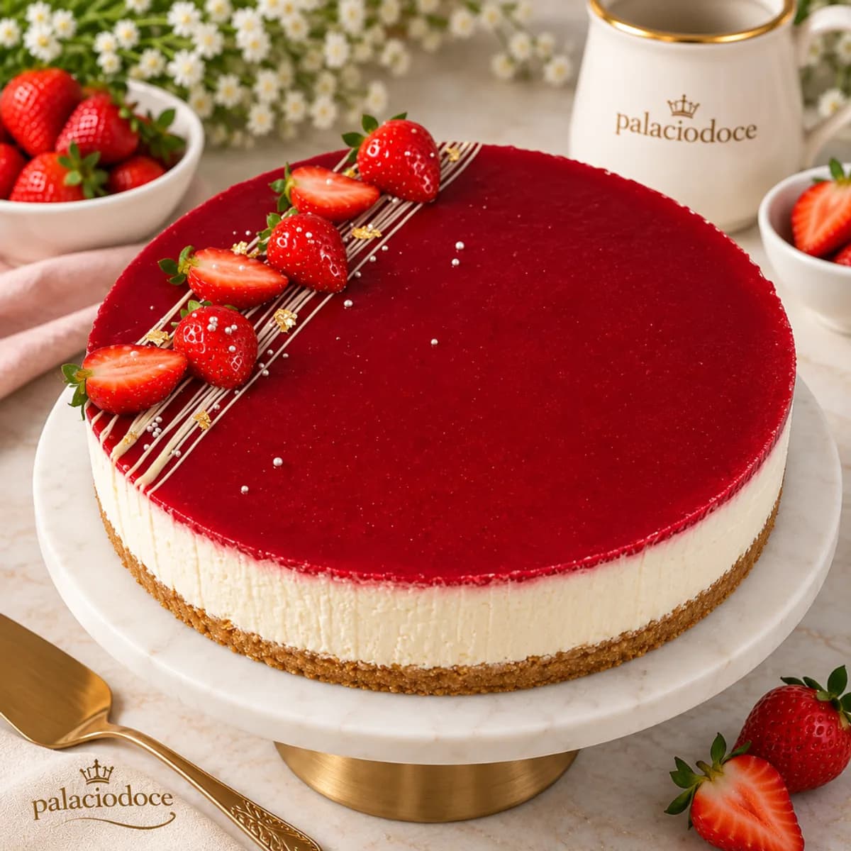 Cheesecake de frutos vermelhos com cobertura brilhante e morangos frescos